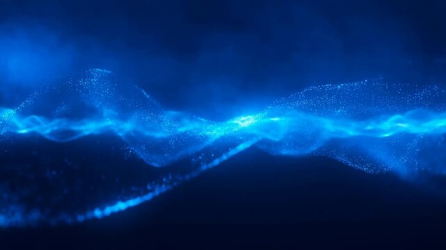 Blue glowing particles flow and undulate forming wave-like structures on a dark background. Abstract background features glowing blue particles and wave formations with rhythmic movement.