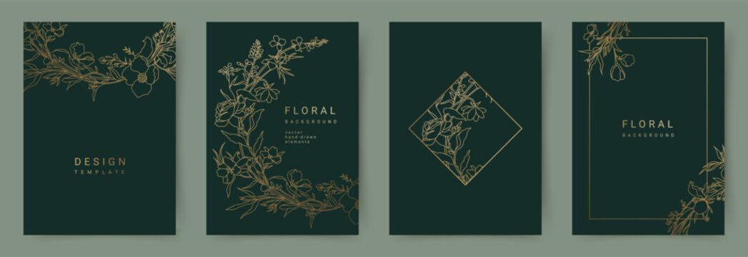 Elegant set of luxurious green backgrounds with hand drawn golden line art flower pattern. Floral frame. Vector templates for wedding invitation, greeting card, packaging, branding, design
