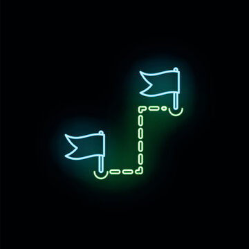 Neon glowing path connecting two flag symbols, representing a journey