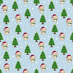 Naklejka premium Cute seamless Christmas pattern featuring adorable cats wearing Santa hats, decorated Christmas trees, and falling snow on a light blue background. Perfect for holiday designs and festive projects.