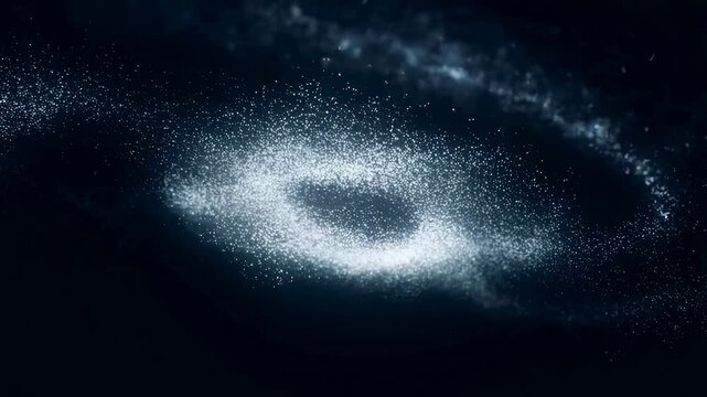 White glowing particles swirl and flow forming a dynamic ring shape on a dark background. Particles expand and contract with soft glow and diffusion effects in a digital space environment.