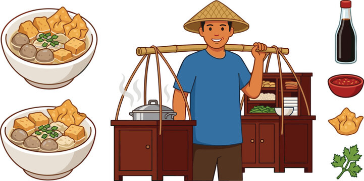 Traditional Indonesian Bakso Meatball Soup Vendor Icon Set with Street Food Seller Carrying Shoulder Pole Bowls Soy Sauce and Wonton Vector Graphics
