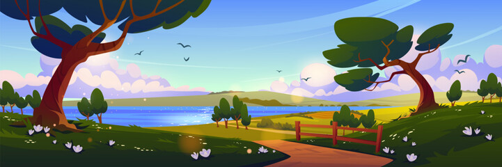 Obraz premium Cartoon nature landscape, summer day background