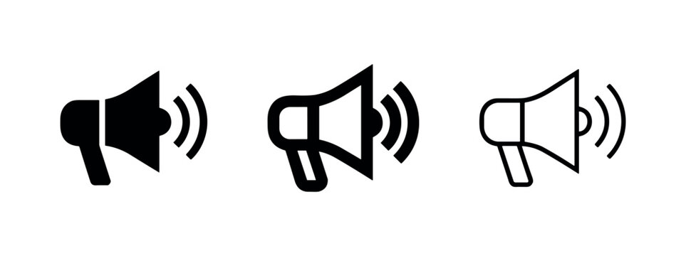 Megaphone with sound waves icon set. Announcement, marketing, public relations, and communication symbol.