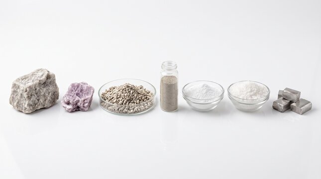 A realistic collection of lithium materials featuring spodumene, lepidolite, lithium-bearing pegmatite, crushed ore, mineral concentrate, lithium carbonate, lithium hydroxide, refined lithium metal, p
