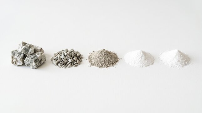A realistic collection of lithium materials featuring spodumene, lepidolite, lithium-bearing pegmatite, crushed ore, mineral concentrate, lithium carbonate, lithium hydroxide, refined lithium metal, p