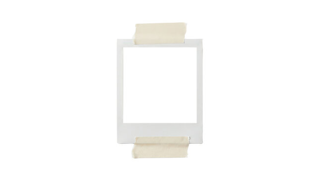 Polaroid frame held by adhesive tape isolated on transparent background