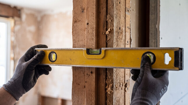 Hands holding a spirit level, checking vertical alignment on a wooden beam during home construction or renovation