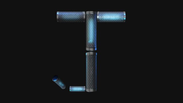 A drag and drop overlay letter that is made up from animated metallic tubes that pulsate and rotate.

