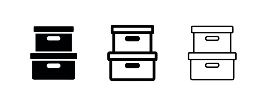 Stacked storage boxes icon set in solid, bold, and outline styles