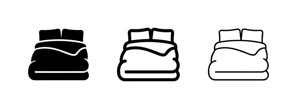 Double bed with pillows and duvet icon set in glyph, bold, and outline styles