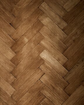 Herringbone parquet flooring with worn timber blocks, featuring a textured waxed grain and warm brown tones for interior design and backgrounds