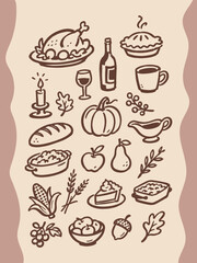 Naklejka premium Thanksgiving Food Doodle Set Illustration
