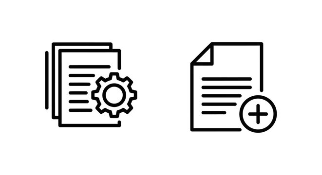 Clean line art vector icons representing digital asset library management and resource addition functions with document resource management business technology interface minimalist