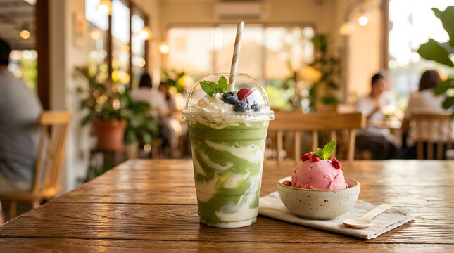 Refreshing matcha green tea smoothie and strawberry ice cream scoop