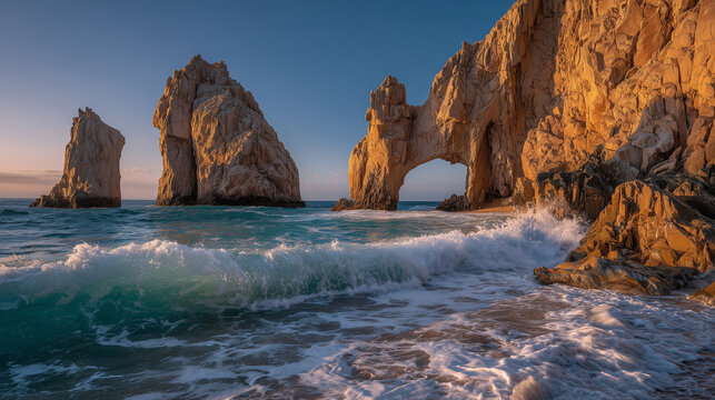 El Arco rock formation at Cabo San Lucas during sunset, dramatic ocean waves, golden sky, ultra detailed coastal landscape, HDR, 8K, no people