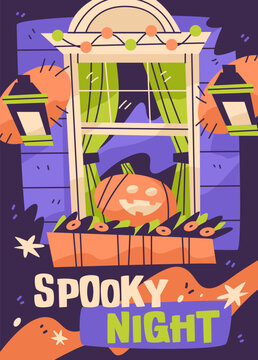 Spooky Night Halloween poster vertical banner with carved pumpkin in decorated window. Vector illustration