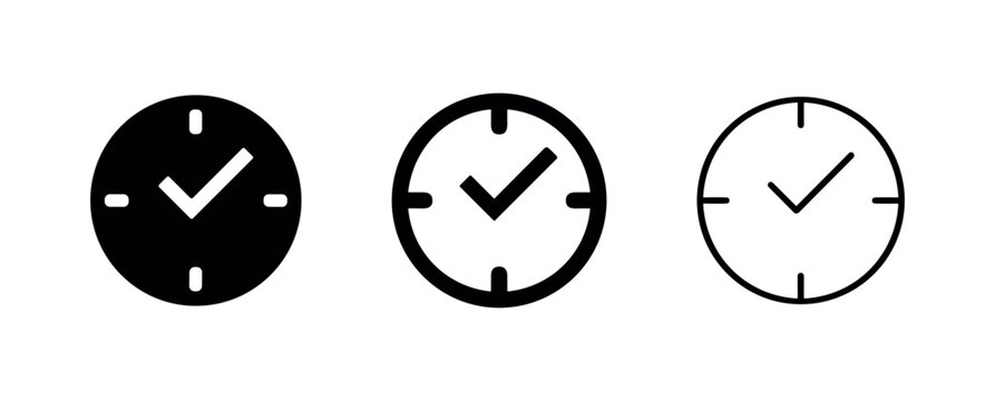 Clock with checkmark icon set. Time management and task completion symbol. Productivity and schedule vector illustration.