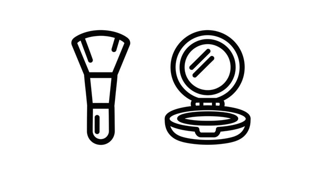 Minimalist black and white vector line icons showing a makeup brush and compact powder mirror case with cosmetic skincare minimalist illustration accessory application interface