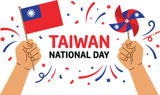 Taiwan National Day Celebration Concept with Hands Holding Republic of China Flag and Pinwheel Among Confetti Streamers Stars for Double Tenth Holiday Banner