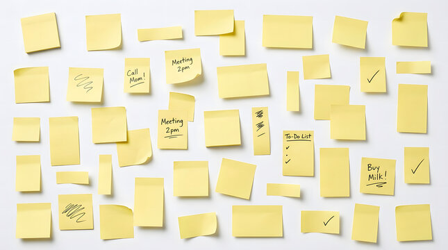 Collection of yellow sticky notes on a white wall for task planning