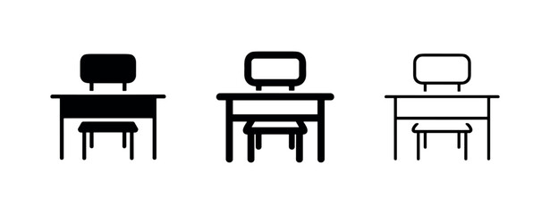 Fototapeta premium School desk and chair icon set, three variations of student furniture, representing study, work, or classroom.