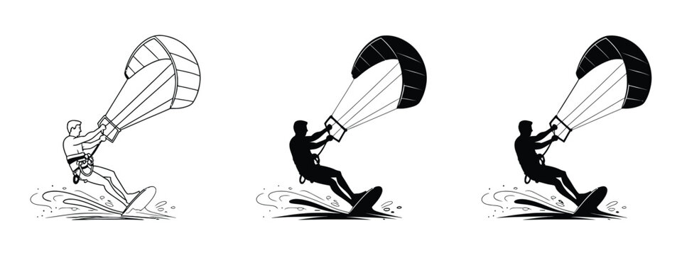 Kitesurfing Action Icons featuring dynamic kiteboarding movements, water sports equipment, extreme recreation, and energetic athletic illustrations