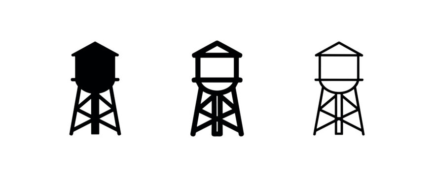 Water tower icon set, three variations of an elevated water tank structure, symbolizing municipal water supply.
