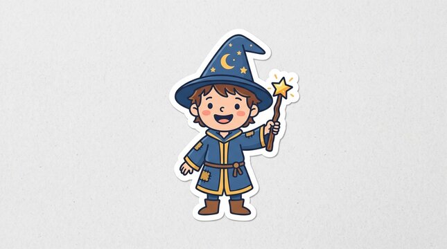 Young wizard boy in blue robe and hat holding a magic wand with a star
