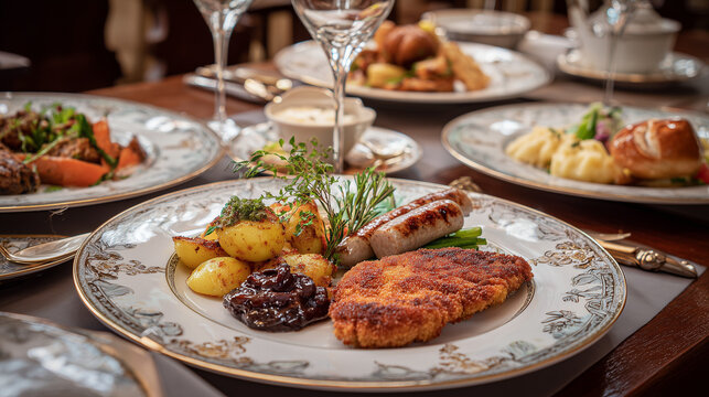 Elegant Austrian buffet featuring schnitzel, sausages, roasted meats and seasonal vegetables on premium porcelain tableware, no people