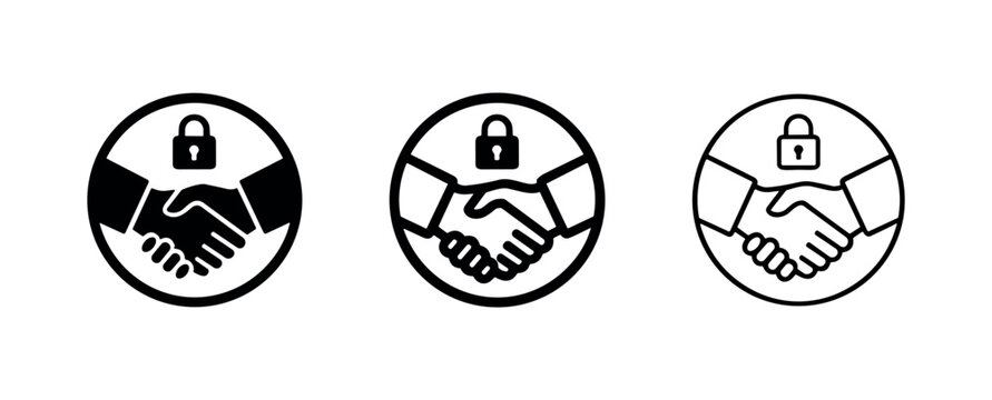 Secure agreement icon set. Confidential deal symbol with handshake and padlock.