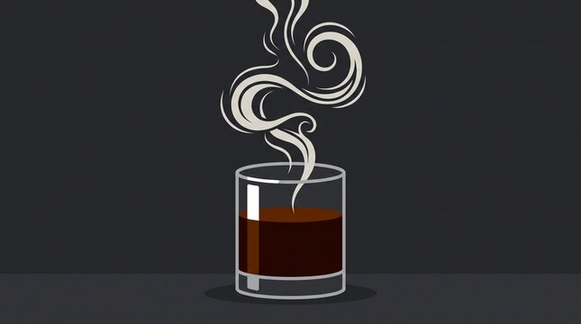 Stylized illustration of a glass of dark liquid with aromatic steam rising in decorative swirls against a dark background