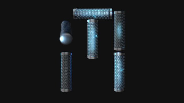 A drag and drop overlay letter that is made up from animated metallic tubes that pulsate and rotate.
