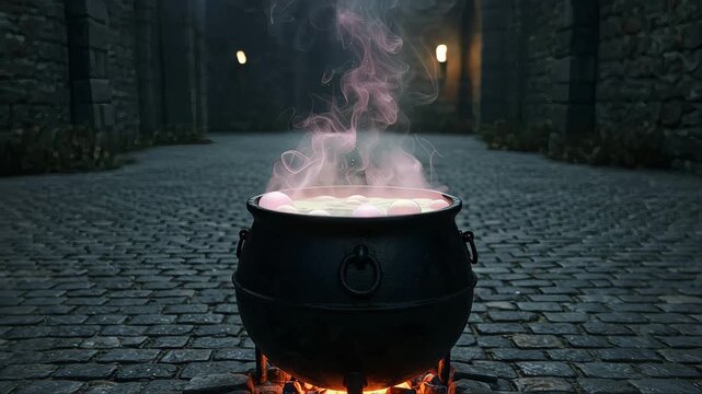 Mystical black cauldron bubbling over a fire in a medieval stone courtyard, releasing swirling pink magical smoke in a dark fantasy scene