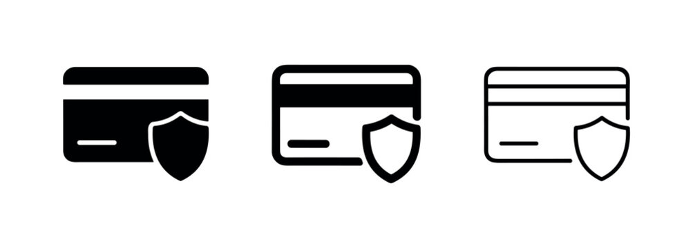 Secure credit card icon set. Payment protection symbol. Financial security illustration in solid, bold, and thin outline styles.