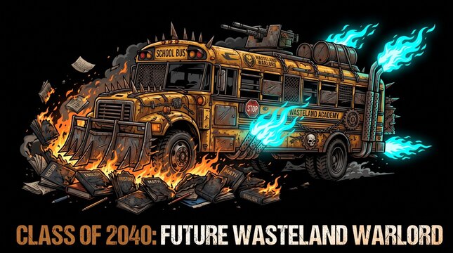 Class of 2040 Future Wasteland Warlord funny apocalyptic vector illustration of an armored school bus crushing burning textbooks, dystopian sci-fi graduation print on demand graphic design.