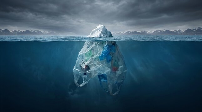 A powerful visual metaphor showing a plastic bag filled with waste submerged like an iceberg, highlighting ocean pollution.