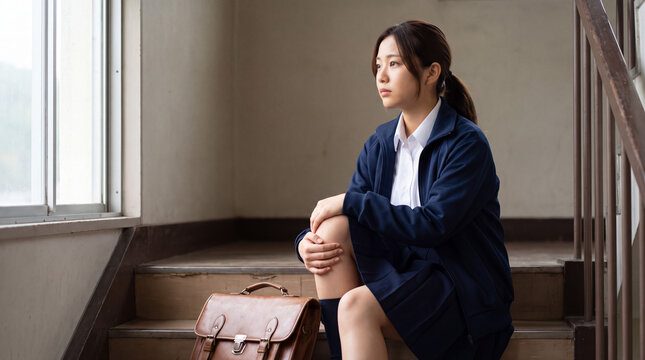 Female student sitting on stairs, looking out window, experiencing loneliness and quiet contemplation