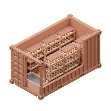 Hydroponic Scene 3D Illustration, Modular shipping container fitted with indoor agricultural racks