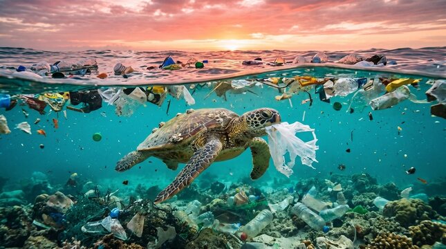 A sea turtle swims through an ocean heavily polluted with plastic waste and debris, highlighting the devastating impact on marine life and ecosystems at sunset.