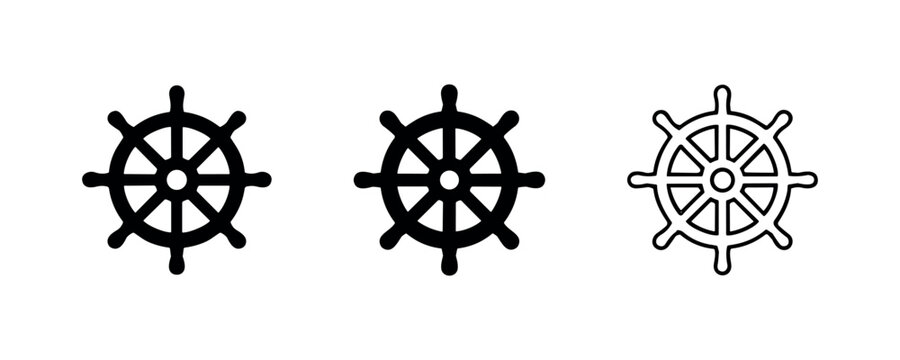 Ship wheel icon set. Nautical steering, navigation, and marine control symbol.