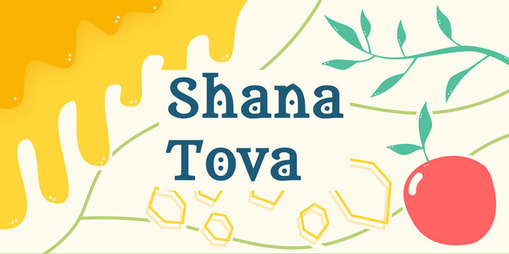 Happy Rosh Hashanah greeting banner with honey and apple. Shana Tova poster for your banner