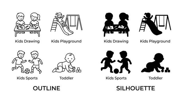 Kids Activities Icons: A collection of simple line art and silhouette icons depicting children engaged in various activities like drawing, playing on a swing set and slide, playing soccer.
