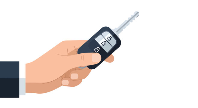 Hand Holding Modern Car Key Remote Control Isolated on White Background. Automotive Sales, Rental, and Security Concept.