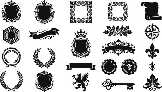 Collection of vintage heraldic design elements including shields wreaths banners and ornate frames vector silhouettes