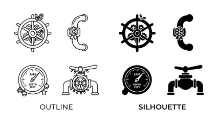 Nautical Icons: A collection of nautical and industrial icons, including a ship's wheel, pressure gauge, pipe, and valve, presented in both outline and silhouette styles. © Md