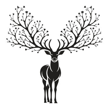 Majestic deer silhouette featuring branching tree antlers adorned with small heart shaped leaves