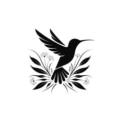 Fototapeta premium Hummingbird flying among floral leaves and dandelion flowers black and white vector graphic