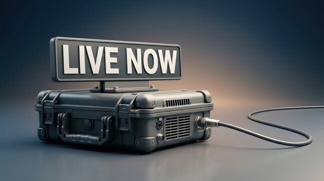 Live, streaming and equipment with case for social media, digital content and online video. Production gear, professional hardware and tool for internet news, broadcasting and podcast show