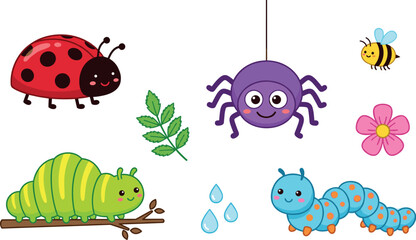 Fototapeta premium Cute Cartoon Insect and Bug Vector Illustration Set with Ladybug, Purple Spider, Green Caterpillar, Blue Centipede, Bee, Flower, and Leaf Icons
